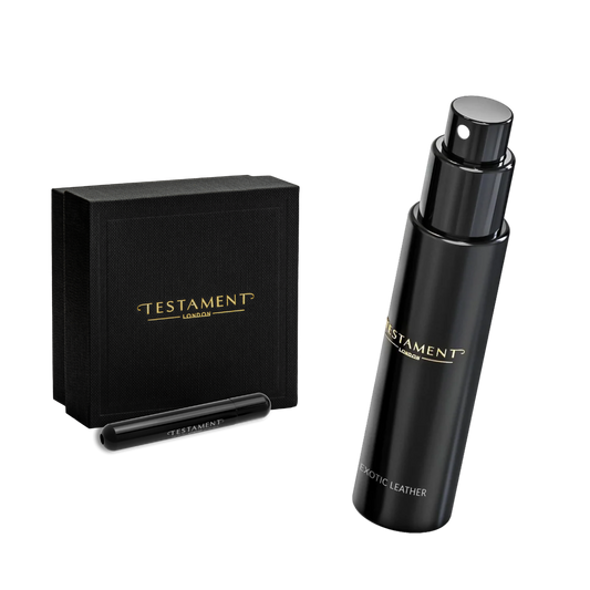 A black spray bottle labeled TESTAMENT London Eclectic Leather next to its black presentation box and a small black applicator, shown on a clean white background.